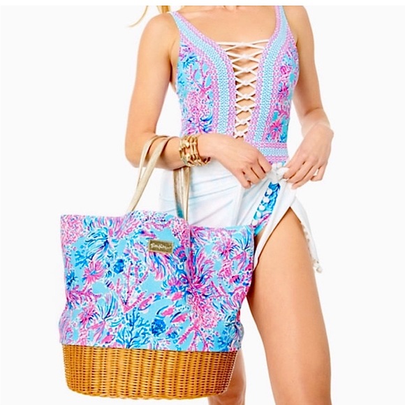 Lilly pulitzer wicker tote new - Picture 2 of 5